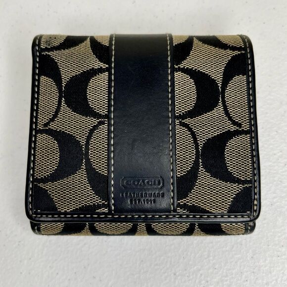 Coach Signature C Logo Classic Black Brown Bifold Wallet Leather Canvas Women - Picture 2 of 10